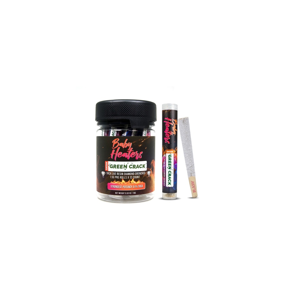 12ct POS Baby Heaters Pre-Roll 1.5g/1Ct Green Crack